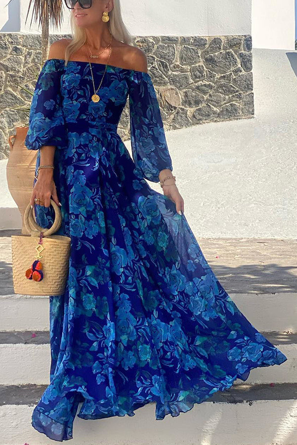 Francesca - Long Floral Dress with Off-the-Shoulder Sleeves