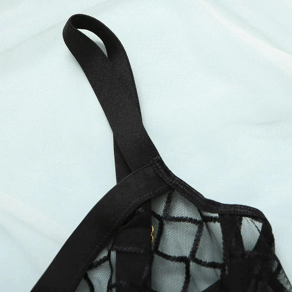 Loida - Elegant Geometric Mesh Bodysuit Lingerie