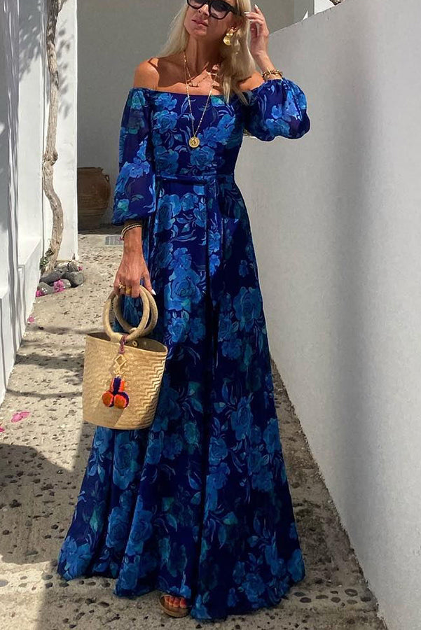 Francesca - Long Floral Dress with Off-the-Shoulder Sleeves