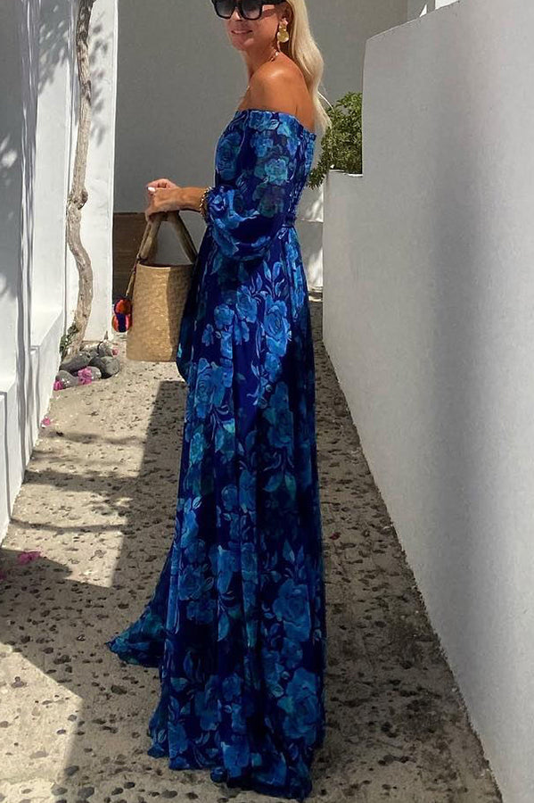 Francesca - Long Floral Dress with Off-the-Shoulder Sleeves